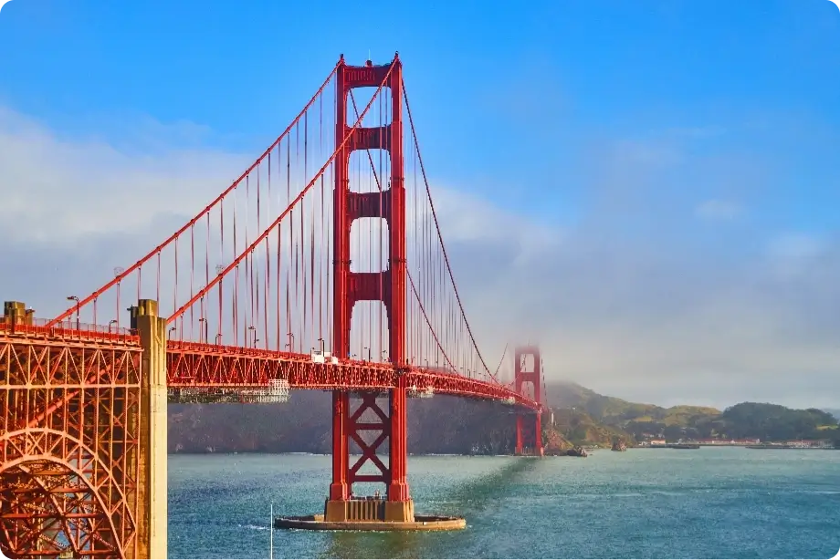 red golden gate bridge california during vibrant foggy morning